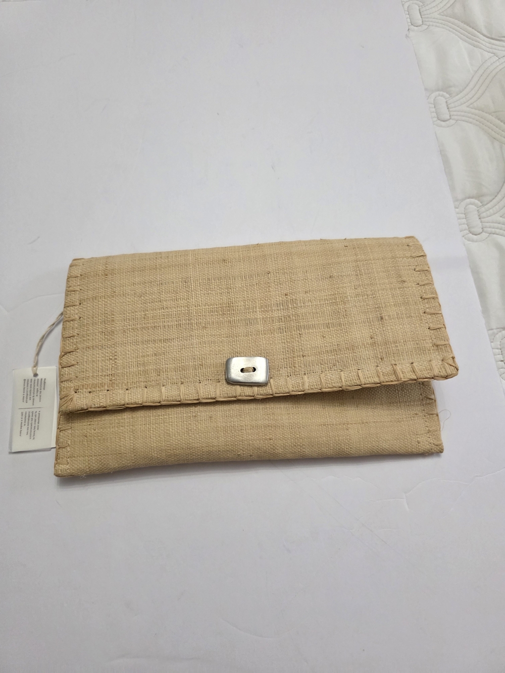 Natural Beige Woven Flap Clutch with Turn-Lock
